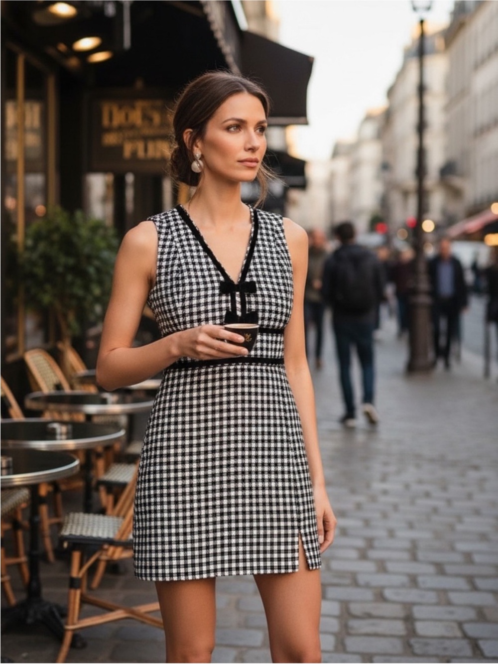 Avec Les Filles Tweed Gingham Mini Dress Sleeveless Velvet Bow Black Size 10-NEw